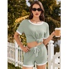 Ekouaer Womens Ribbed Knit Pajama Set Short Sleeve Top Shorts PJs | Pajama Sets for Women 2 Piece with Crew Neck Contrast Design Ribbed Knit Sleepwear Side Pockets Drawstring Waistband(Mint Green)