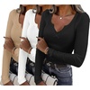 Womens Long Sleeve Shirts V Neck Slim Fit Tops Thermal Undershirts 3 Pack | Long sleeve shirts for women, ribbed texture and slim fit design for sweater layers, work outfits and everyday wear(Black/White/Khaki)