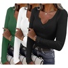 Womens Long Sleeve Shirts V Neck Slim Fit Tops Thermal Undershirts 3 Pack | Long sleeve shirts for women, ribbed texture and slim fit design for sweater layers, work outfits and everyday wear(Black/White/Green)