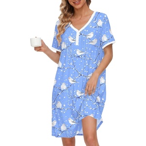 Ekouaer Cotton Nightgowns for Women Short Sleeve Moo Moo Night Gowns | Soft Cotton, Button Front & Pleated House Dress, V Neck, Floral Mumu Dress, Plus Size Pajama Dress for Sleeping and Lounging(Birds Blue)