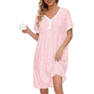 Ekouaer Cotton Nightgowns for Women Short Sleeve Moo Moo Night Gowns | Soft Cotton, Button Front & Pleated House Dress, V Neck, Floral Mumu Dress, Plus Size Pajama Dress for Sleeping and Lounging(Little Flowers Pink)