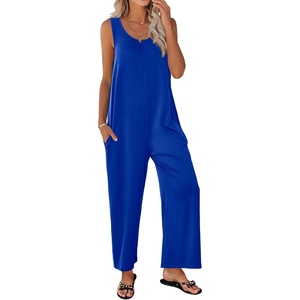 Ekouaer Jumpsuits for Women Casual Summer Sleeveless Rompers Travel Outfits | Loose Fit Wide Leg Overalls, Printed Baggy Rompers, Vacation Cruise Beach Jumpers with Pockets(Royal Blue)