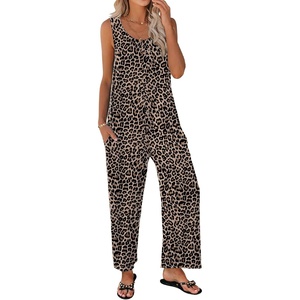 Ekouaer Jumpsuits for Women Casual Summer Sleeveless Rompers Travel Outfits | Loose Fit Wide Leg Overalls, Printed Baggy Rompers, Vacation Cruise Beach Jumpers with Pockets(Leopard)