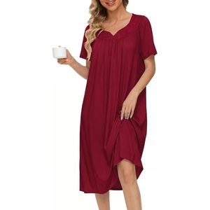 Ekouaer Moo Moos for Women Cotton House Dress With Pockets Soft Nightgowns | Cotton Short Sleeve Mumu Dresses, Embroidered Lounge Dress, Floral Sleepwear, V Neck Loungewear, Mother’s Gifts, Daily, Home(Wine Red)