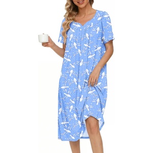 Ekouaer Moo Moos for Women Cotton House Dress With Pockets Soft Nightgowns | Cotton Short Sleeve Mumu Dresses, Embroidered Lounge Dress, Floral Sleepwear, V Neck Loungewear, Mother’s Gifts, Daily, Home(Blue Pigeon)