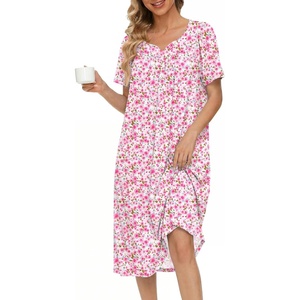 Ekouaer Moo Moos for Women Cotton House Dress With Pockets Soft Nightgowns | Cotton Short Sleeve Mumu Dresses, Embroidered Lounge Dress, Floral Sleepwear, V Neck Loungewear, Mother’s Gifts, Daily, Home(Pink Floral)