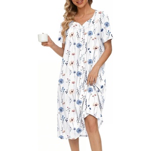 Ekouaer Moo Moos for Women Cotton House Dress With Pockets Soft Nightgowns | Cotton Short Sleeve Mumu Dresses, Embroidered Lounge Dress, Floral Sleepwear, V Neck Loungewear, Mother’s Gifts, Daily, Home(White Flowers)