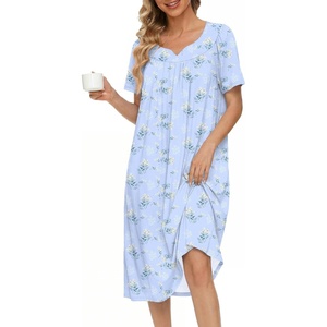 Ekouaer Moo Moos for Women Cotton House Dress With Pockets Soft Nightgowns | Cotton Short Sleeve Mumu Dresses, Embroidered Lounge Dress, Floral Sleepwear, V Neck Loungewear, Mother’s Gifts, Daily, Home(Blue Floral)