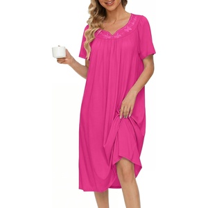 Ekouaer Moo Moos for Women Cotton House Dress With Pockets Soft Nightgowns | Cotton Short Sleeve Mumu Dresses, Embroidered Lounge Dress, Floral Sleepwear, V Neck Loungewear, Mother’s Gifts, Daily, Home(Rose Red)