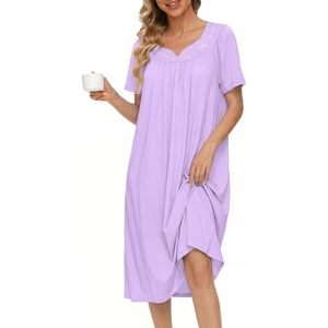 Ekouaer Moo Moos for Women Cotton House Dress With Pockets Soft Nightgowns | Cotton Short Sleeve Mumu Dresses, Embroidered Lounge Dress, Floral Sleepwear, V Neck Loungewear, Mother’s Gifts, Daily, Home(Light Purple)
