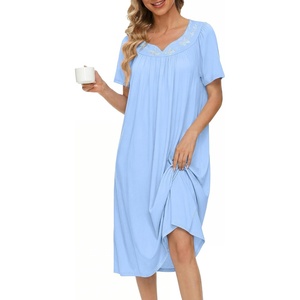 Ekouaer Moo Moos for Women Cotton House Dress With Pockets Soft Nightgowns | Cotton Short Sleeve Mumu Dresses, Embroidered Lounge Dress, Floral Sleepwear, V Neck Loungewear, Mother’s Gifts, Daily, Home(Blue)