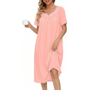 Ekouaer Moo Moos for Women Cotton House Dress With Pockets Soft Nightgowns | Cotton Short Sleeve Mumu Dresses, Embroidered Lounge Dress, Floral Sleepwear, V Neck Loungewear, Mother’s Gifts, Daily, Home(Light Pink)