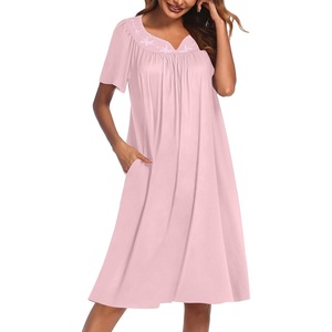Ekouaer Moo Moos for Women Cotton House Dress With Pockets Soft Nightgowns | Cotton Short Sleeve Mumu Dresses, Embroidered Lounge Dress, Floral Sleepwear, V Neck Loungewear, Mother’s Gifts, Daily, Home(Deep Pink)