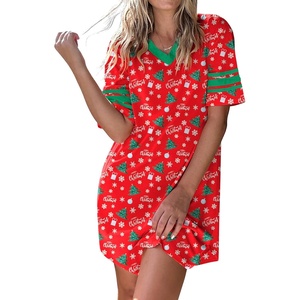 Ekouaer Nightgowns for Women Cotton Night Gowns Short Sleeve Sleepwear | Ladies Sleep Shirts Casual T Shirt Nightgown V Neck Night Shirts Soft Moo Moos Color Block Pajama Shirt Plus Size Nightshirts(Z_christmas Red)