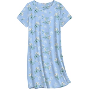 Ekouaer Nightgowns for Women Cotton Sleep Shirt Short Sleeve Night Shirt | Crew Neck Night Gown, Soft Sleepwear, Casual T Shirt Pajama Dress, Short Lounge Dress, Pullover Loungewear for Daily, Sleep(Blue Flowers)