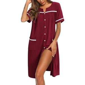 Ekouaer Nightgowns for Women House Dress with Pockets Button Down Sleepshirt Short Sleeve Nightshirt Housecoat | Button Up Night Gowns,Short Sleeve Housecoat,Moo Moos for Elderly Women,Labor and Delivery Gown for Pregnant and Postpartum(Wine Red)