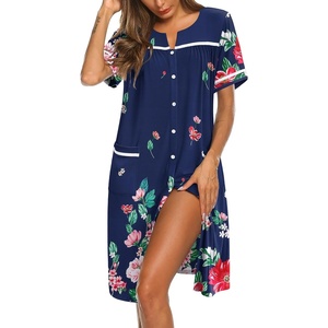 Ekouaer Nightgowns for Women House Dress with Pockets Button Down Sleepshirt Short Sleeve Nightshirt Housecoat | Button Up Night Gowns,Short Sleeve Housecoat,Moo Moos for Elderly Women,Labor and Delivery Gown for Pregnant and Postpartum(Navy Flower)