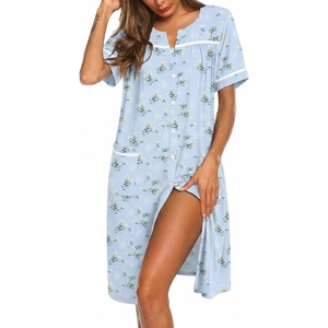 Ekouaer Nightgowns for Women House Dress with Pockets Button Down Sleepshirt Short Sleeve Nightshirt Housecoat | Button Up Night Gowns,Short Sleeve Housecoat,Moo Moos for Elderly Women,Labor and Delivery Gown for Pregnant and Postpartum(Blue Daisy)