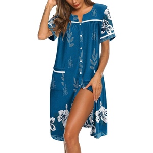 Ekouaer Nightgowns for Women House Dress with Pockets Button Down Sleepshirt Short Sleeve Nightshirt Housecoat | Button Up Night Gowns,Short Sleeve Housecoat,Moo Moos for Elderly Women,Labor and Delivery Gown for Pregnant and Postpartum(Blue Green Flower)
