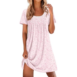 Ekouaer Nightgowns for Women Pleated Sleep Shirts Short Sleeve Night Shirts | Lace Trim Night Gown Ladies Sleep Dress Night Dress Victorian Sleepwear Soft Pajama Dress Casual Loungewear, Cute Print(Pink Petal Whisper)