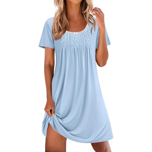 Ekouaer Nightgowns for Women Pleated Sleep Shirts Short Sleeve Night Shirts | Lace Trim Night Gown Ladies Sleep Dress Night Dress Victorian Sleepwear Soft Pajama Dress Casual Loungewear, Cute Print(Light Blue)