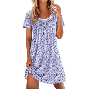 Ekouaer Nightgowns for Women Pleated Sleep Shirts Short Sleeve Night Shirts | Lace Trim Night Gown Ladies Sleep Dress Night Dress Victorian Sleepwear Soft Pajama Dress Casual Loungewear, Cute Print(Floral Purple)