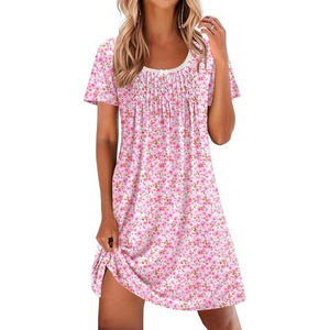 Ekouaer Nightgowns for Women Pleated Sleep Shirts Short Sleeve Night Shirts | Lace Trim Night Gown Ladies Sleep Dress Night Dress Victorian Sleepwear Soft Pajama Dress Casual Loungewear, Cute Print(Floral Pink)