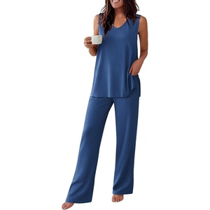 Ekouaer Womens Pajamas Set Sleeveless Lounge Sets Tank Top and Pants Pjs | V Neck Top Loungewear with Side Slit, Comfy Lounge Pants with Pockets, Elastic Waistband, 2 Piece Sleepwear, Loose Fit(Navy Blue)