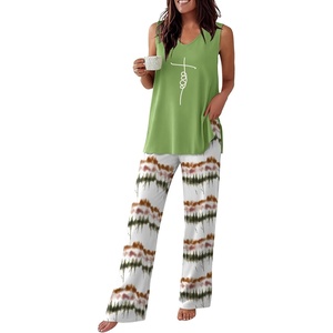 Ekouaer Womens Pajamas Set Sleeveless Lounge Sets Tank Top and Pants Pjs | V Neck Top Loungewear with Side Slit, Comfy Lounge Pants with Pockets, Elastic Waistband, 2 Piece Sleepwear, Loose Fit(Tie-dye Green)