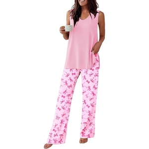 Ekouaer Womens Pajamas Set Sleeveless Lounge Sets Tank Top and Pants Pjs | V Neck Top Loungewear with Side Slit, Comfy Lounge Pants with Pockets, Elastic Waistband, 2 Piece Sleepwear, Loose Fit(Pink Butterfly)