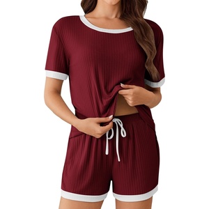 Ekouaer Womens Ribbed Knit Pajama Set Short Sleeve Top Shorts PJs | Pajama Sets for Women 2 Piece with Crew Neck Contrast Design Ribbed Knit Sleepwear Side Pockets Drawstring Waistband(Burgundy)