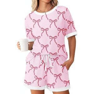 Ekouaer Womens Ribbed Knit Pajama Set Short Sleeve Top Shorts PJs | Pajama Sets for Women 2 Piece with Crew Neck Contrast Design Ribbed Knit Sleepwear Side Pockets Drawstring Waistband(Bow Tie-pink)