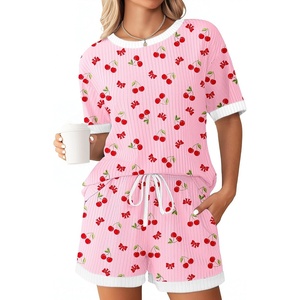 Ekouaer Womens Ribbed Knit Pajama Set Short Sleeve Top Shorts PJs | Pajama Sets for Women 2 Piece with Crew Neck Contrast Design Ribbed Knit Sleepwear Side Pockets Drawstring Waistband(Cherry-pink)