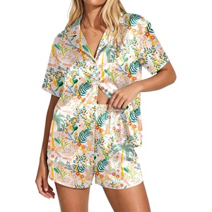 Ekouaer Womens Satin Pajama Set Short Sleeve Sleepwear Button Down Pjs | Silky Smooth Satin, Soft Top and Shorts, Bridal Getting Ready Outfit, 2 Piece Loungewear Set for Daily Sleep, Wedding Party(Flowers/Plants/Pink)