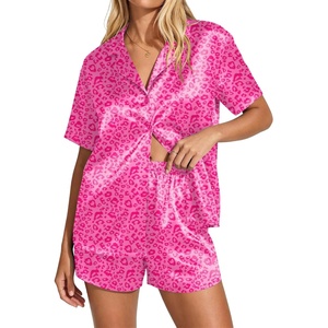 Ekouaer Womens Satin Pajama Set Short Sleeve Sleepwear Button Down Pjs | Silky Smooth Satin, Soft Top and Shorts, Bridal Getting Ready Outfit, 2 Piece Loungewear Set for Daily Sleep, Wedding Party(Leopard Print/ Rose Pink)