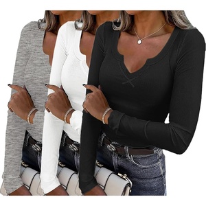 Womens Long Sleeve Shirts V Neck Slim Fit Tops Thermal Undershirts 3 Pack | Long sleeve shirts for women, ribbed texture and slim fit design for sweater layers, work outfits and everyday wear(Black/Heather Grey/White)