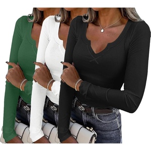 Womens Long Sleeve Shirts V Neck Slim Fit Tops Thermal Undershirts 3 Pack | Long sleeve shirts for women, ribbed texture and slim fit design for sweater layers, work outfits and everyday wear(Black/White/Green)