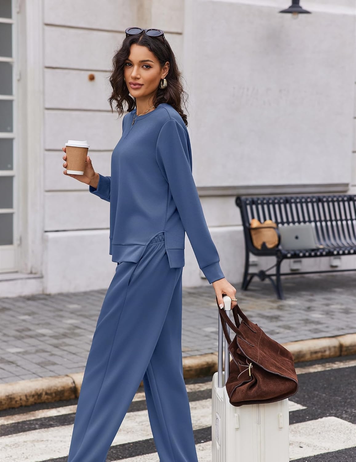 image:imageEkouaer 2 Piece Sets for Women Fall Lounge Sets Outfits Matching Clothing 2026 Fall Long Sleeve Pullover TopWideLeg Pants PocketsDrawstring Elastic WaistAirport Travel SetTracksuitSweatsuitBlue