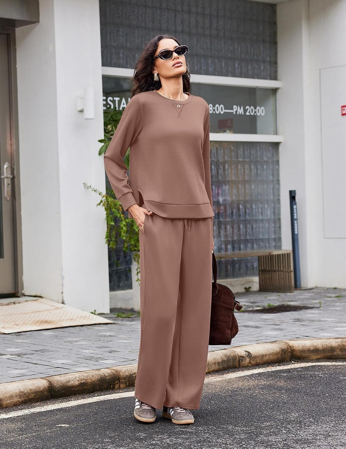 image:imageEkouaer 2 Piece Sets for Women Fall Lounge Sets Outfits Matching Clothing 2026 Fall Long Sleeve Pullover TopWideLeg Pants PocketsDrawstring Elastic WaistAirport Travel SetTracksuitSweatsuitTaupetastic