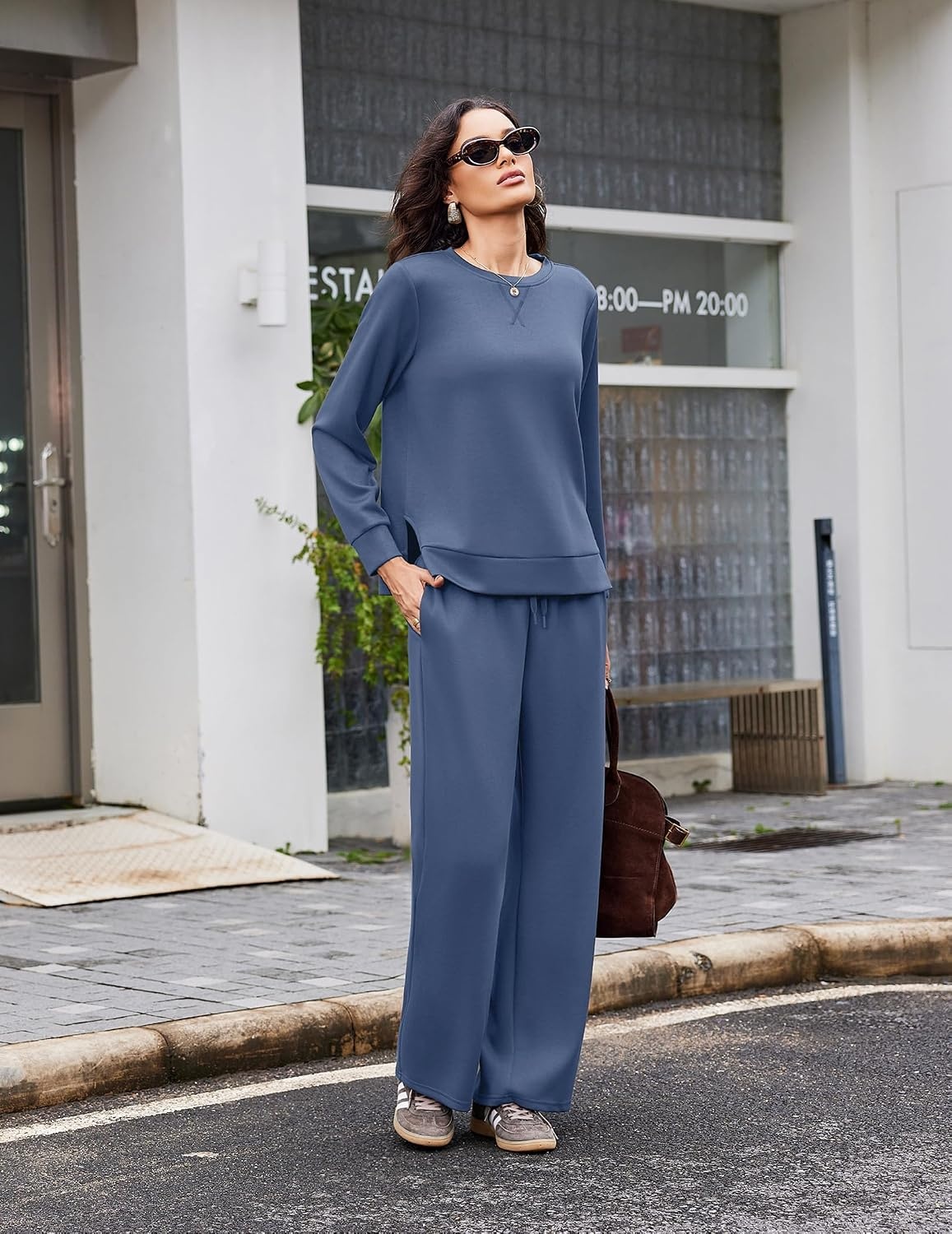 image:imageEkouaer 2 Piece Sets for Women Fall Lounge Sets Outfits Matching Clothing 2026 Fall Long Sleeve Pullover TopWideLeg Pants PocketsDrawstring Elastic WaistAirport Travel SetTracksuitSweatsuitBlue