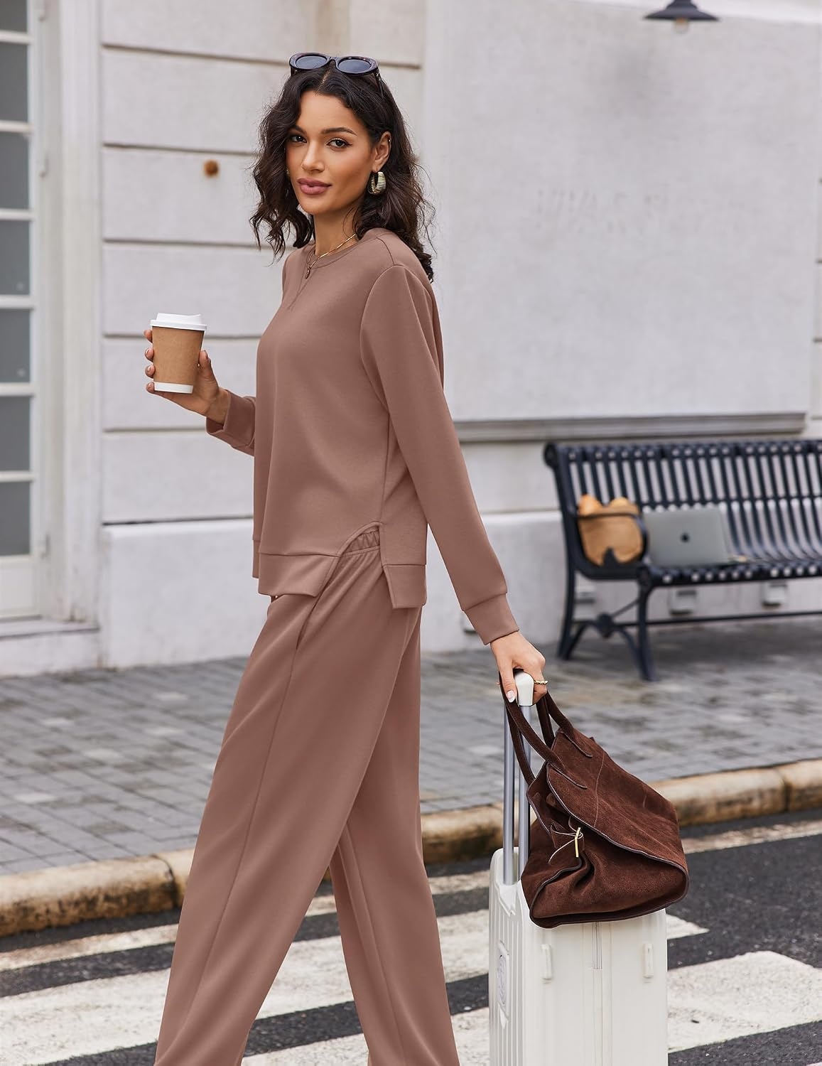 image:imageEkouaer 2 Piece Sets for Women Fall Lounge Sets Outfits Matching Clothing 2026 Fall Long Sleeve Pullover TopWideLeg Pants PocketsDrawstring Elastic WaistAirport Travel SetTracksuitSweatsuitTaupetastic