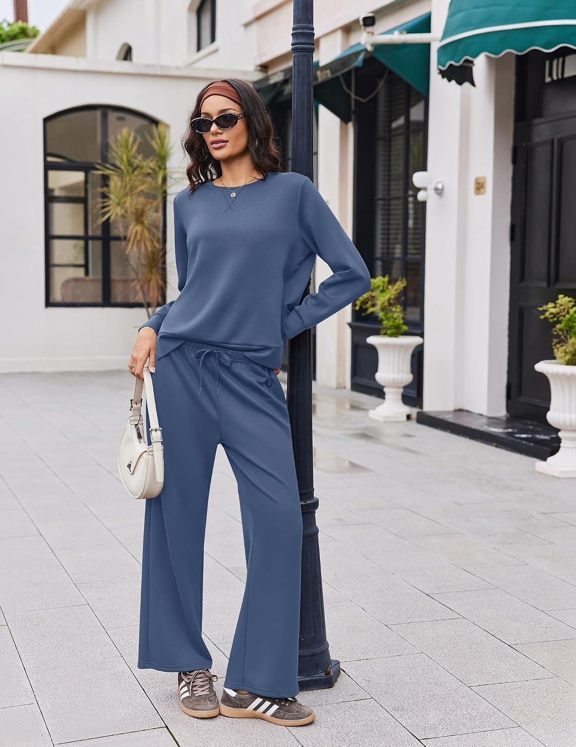 image:imageEkouaer 2 Piece Sets for Women Fall Lounge Sets Outfits Matching Clothing 2026 Fall Long Sleeve Pullover TopWideLeg Pants PocketsDrawstring Elastic WaistAirport Travel SetTracksuitSweatsuitBlue