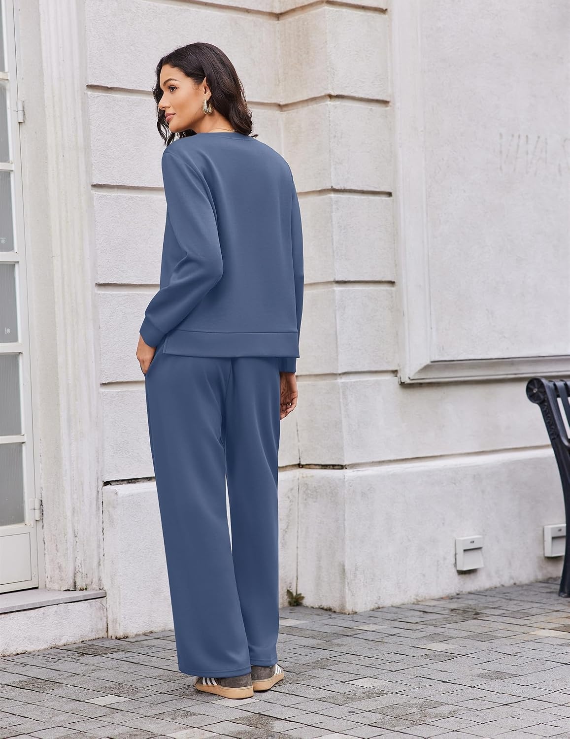 image:imageEkouaer 2 Piece Sets for Women Fall Lounge Sets Outfits Matching Clothing 2026 Fall Long Sleeve Pullover TopWideLeg Pants PocketsDrawstring Elastic WaistAirport Travel SetTracksuitSweatsuitBlue