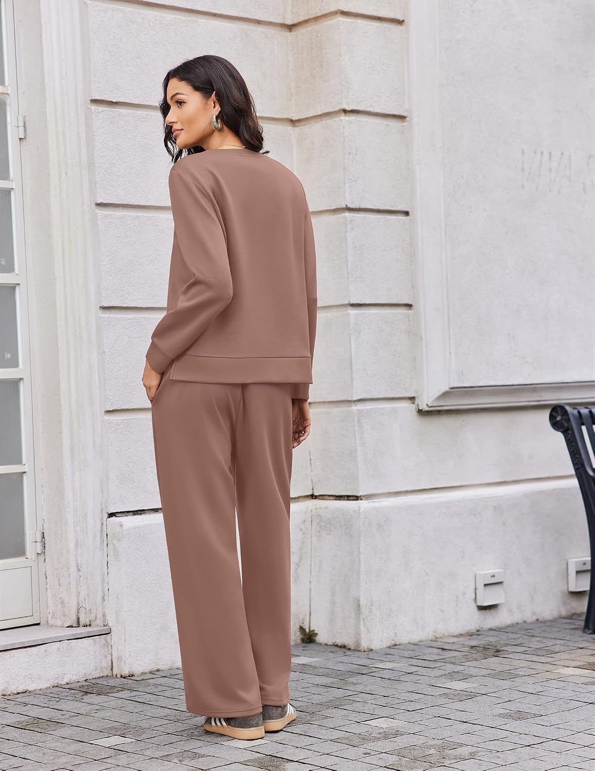 image:imageEkouaer 2 Piece Sets for Women Fall Lounge Sets Outfits Matching Clothing 2026 Fall Long Sleeve Pullover TopWideLeg Pants PocketsDrawstring Elastic WaistAirport Travel SetTracksuitSweatsuitTaupetastic