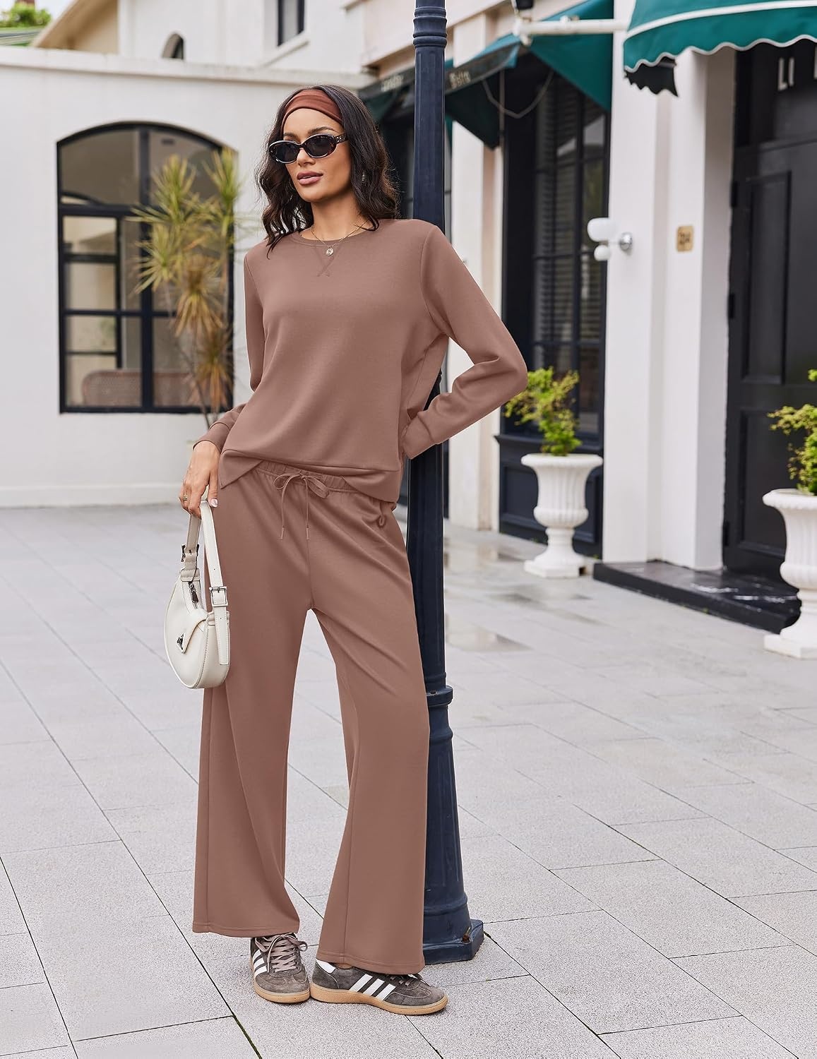 image:imageEkouaer 2 Piece Sets for Women Fall Lounge Sets Outfits Matching Clothing 2026 Fall Long Sleeve Pullover TopWideLeg Pants PocketsDrawstring Elastic WaistAirport Travel SetTracksuitSweatsuitTaupetastic