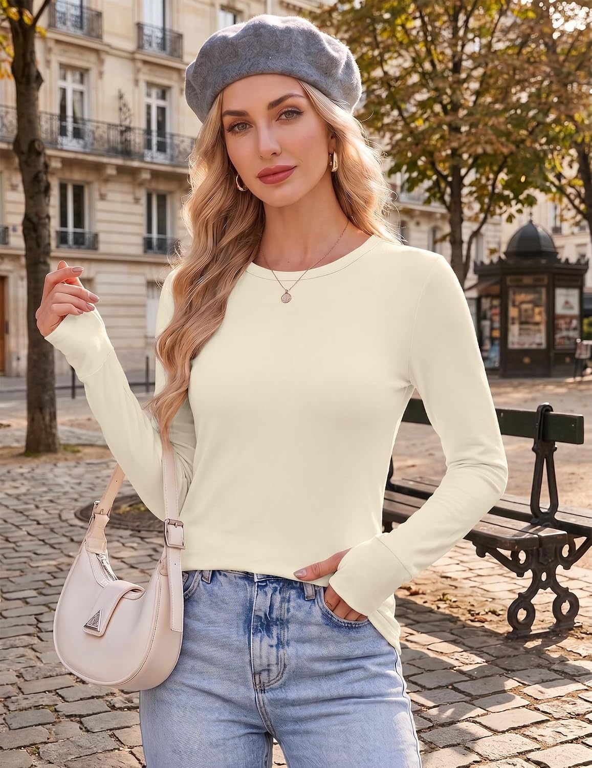 image:imageEkouaer 3 Pack Womens Long Sleeve Shirts Thumb Hole Tops Fall Clothes Crew Neck T Shirts Loose Fit Thermal Undershirts Layering Casual Work Winter Outfits3pcs Army Green Beige Tea Leaf