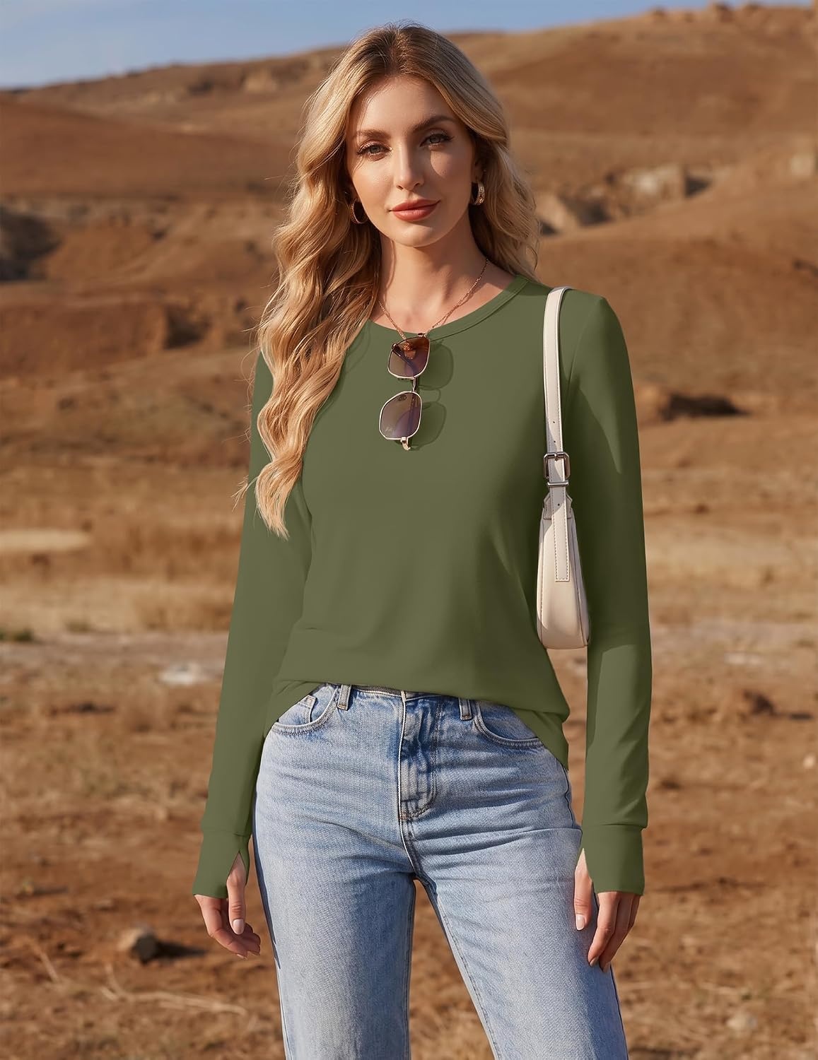 image:imageEkouaer 3 Pack Womens Long Sleeve Shirts Thumb Hole Tops Fall Clothes Crew Neck T Shirts Loose Fit Thermal Undershirts Layering Casual Work Winter Outfits3pcs Army Green Beige Tea Leaf