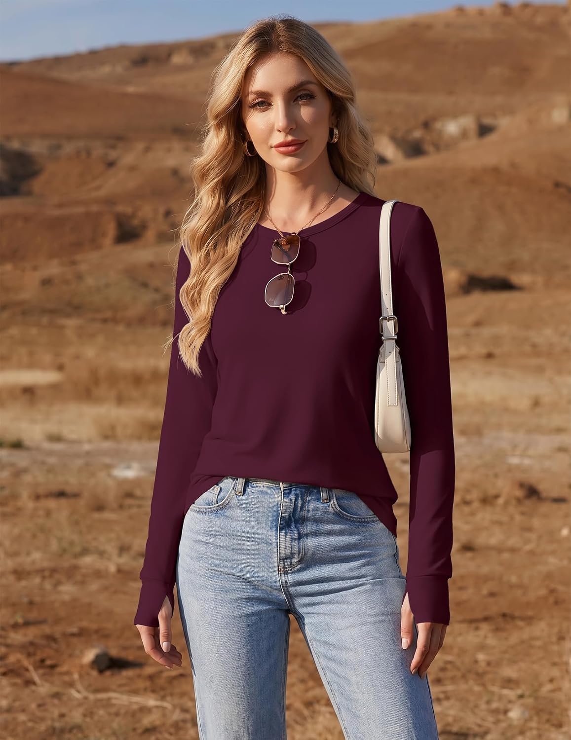 image:imageEkouaer 3 Pack Womens Long Sleeve Shirts Thumb Hole Tops Fall Clothes Crew Neck T Shirts Loose Fit Thermal Undershirts Layering Casual Work Winter Outfits3pcs Black Dark Grey Wine Red