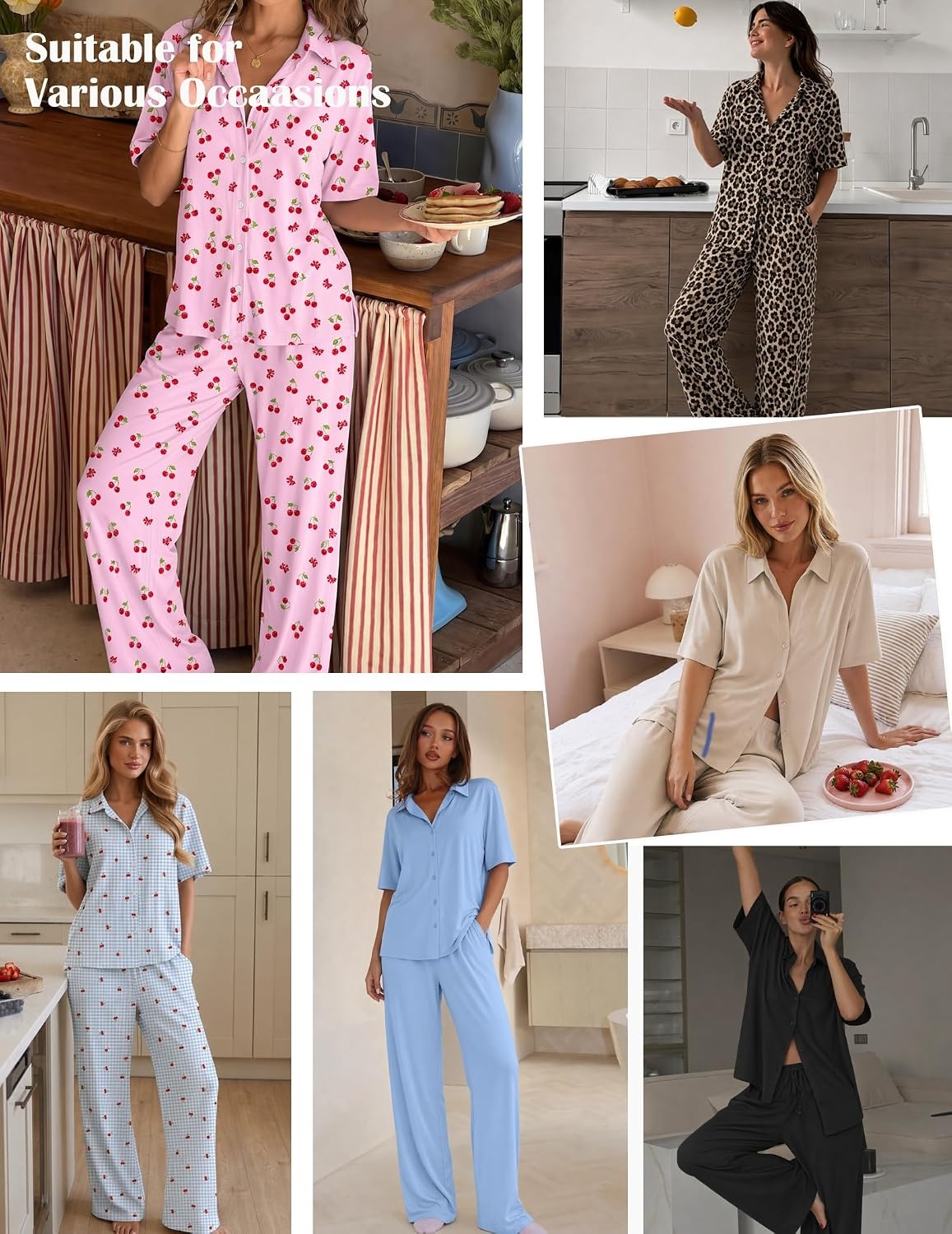 image:imageEkouaer Pajamas for Women Set Button Up Short Sleeve Pjs with Long Pants Summer Sleepwear Deep Pockets Soft Fabric 2 Piece Lounge Set Relaxed Fit Various OccasionsBrown Leopard