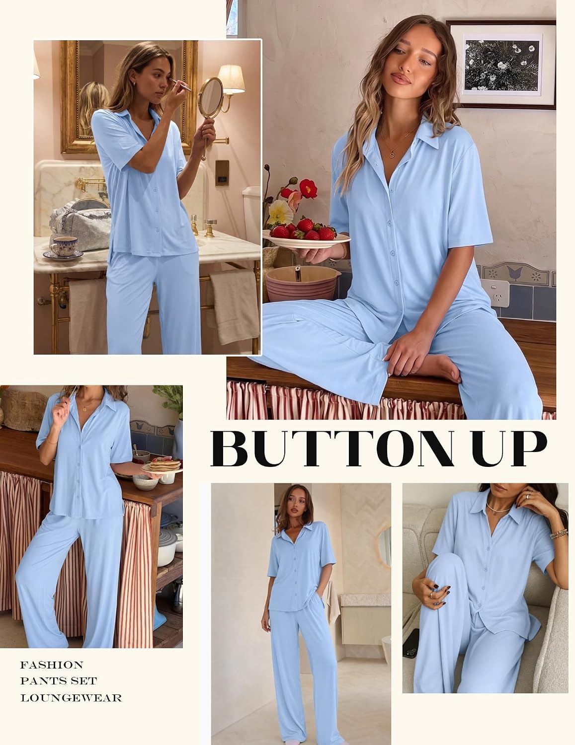 image:imageEkouaer Pajamas for Women Set Button Up Short Sleeve Pjs with Long Pants Summer Sleepwear Deep Pockets Soft Fabric 2 Piece Lounge Set Relaxed Fit Various OccasionsLight Blue
